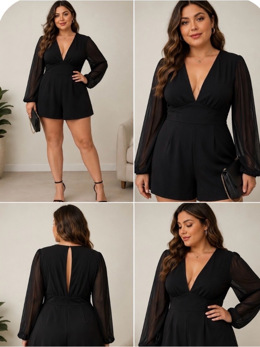 NWT- Curvy Sense-Black V-Neck Long Sleeve Romper